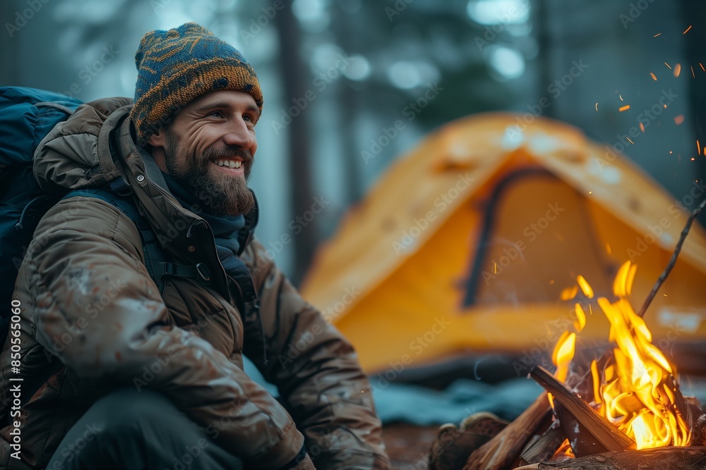 Obraz premium Smiling bearded man sitting by a campfire with a tent in the background in a forest