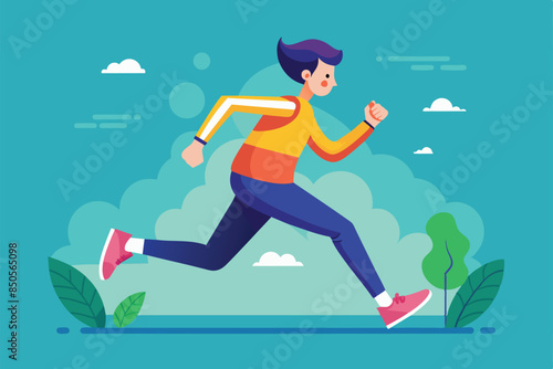 A flat illustration of a person jogging in a park with a blue sky and white clouds, Jogging Customizable Flat Illustration