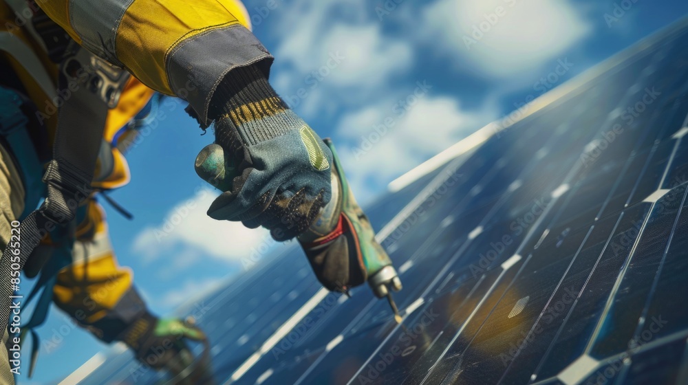 A person wearing a yellow jacket works on a solar panel installation