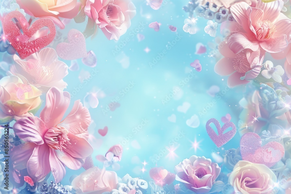 Pink flowers and hearts on a blue background, suitable for romantic or spring-themed occasions Pink flowers and hearts on a blue background, suitable for romantic or spring-themed occasions