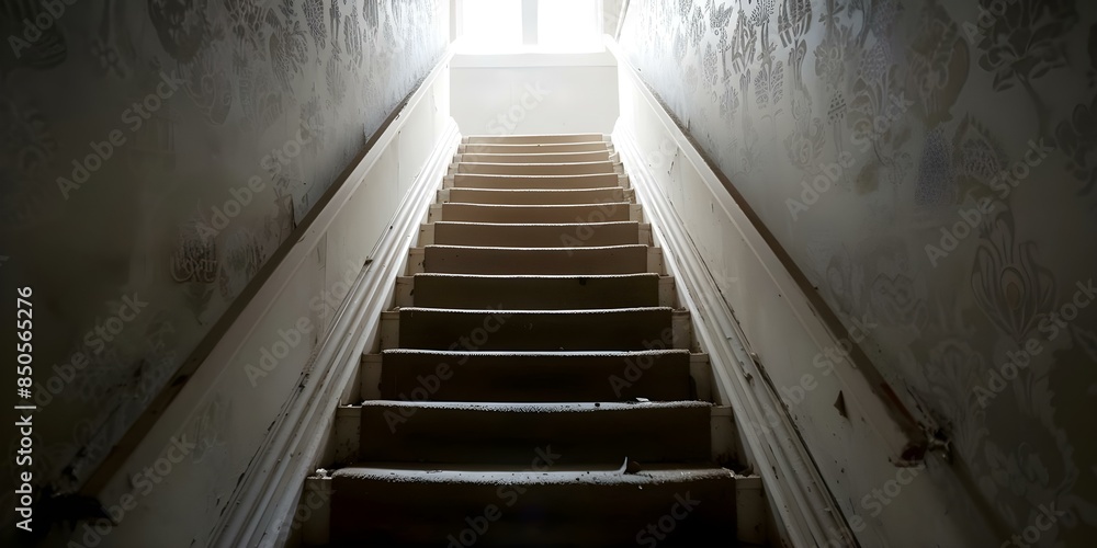 Obraz premium Creepy old staircase leading to dim basement with flickering light and peeling wallpaper. Concept Spooky Atmosphere, Haunted House, Halloween Theme, Horror Photography, Dark Interior