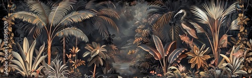 Illustration of tropical wallpaper print design with palm banana leaves and exotic birds on canvas texture. Tropical plants and birds on textured background. AI generated illustration