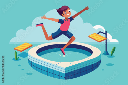 A happy boy jumps into a round pool with a splash, Jumping into the pool Customizable Disproportionate Illustration