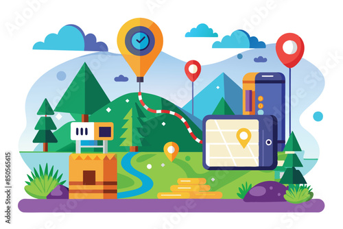 Cartoon illustration showing a mobile device with a map and location tracker app, Location tracking Customizable Cartoon Illustration