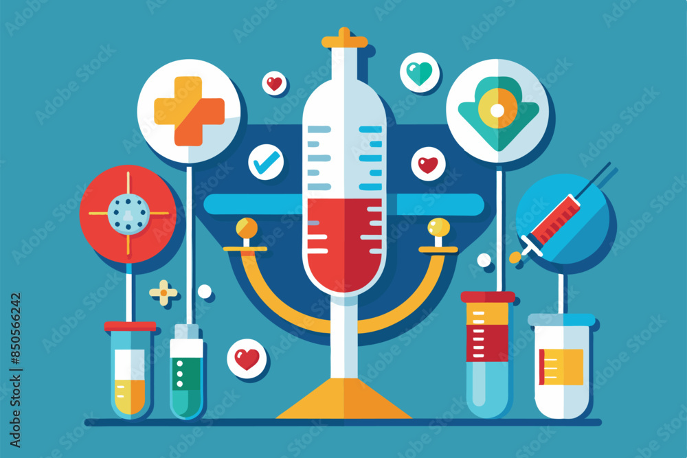 A flat illustration of various medical symbols, including syringes, test tubes, and a large thermometer, Medicine Customizable Disproportionate Illustration A flat illustration of various medical symbols, including syringes, test tubes, and a large thermometer, Medicine Customizable Disproportionate Illustration