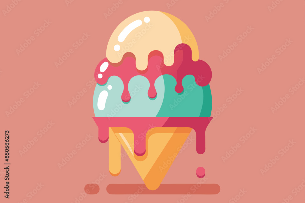 A cartoon illustration of a melted ice cream cone with vanilla, mint, and strawberry flavors, Melted ice cream Customizable Semi Flat Illustration A cartoon illustration of a melted ice cream cone with vanilla, mint, and strawberry flavors, Melted ice cream Customizable Semi Flat Illustration