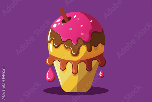 A digital illustration of a melting ice cream cone with chocolate and pink drizzles on a purple background, Melted ice cream Customizable Disproportionate Illustration