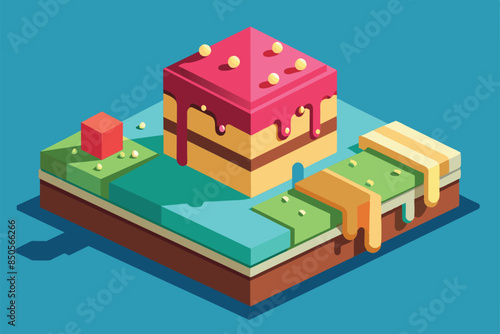 A colorful, isometric illustration of a melted ice cream dessert with sprinkles and dripping sauce, Melted ice cream Customizable Isometric Illustration