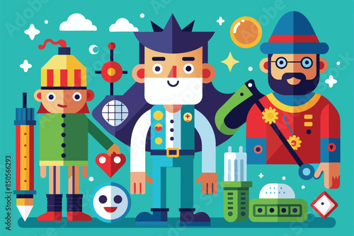 Illustration of three characters with unique features and accessories in a flat-colored style, Mention Customizable Disproportionate Illustration