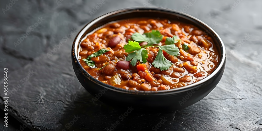 Indian Rajma Masala Curry in black bowl on dark slate table. Concept Food Styling, Traditional Indian Cuisine, Vegan Recipe, Rustic Presentation Indian Rajma Masala Curry in black bowl on dark slate table. Concept Food Styling, Traditional Indian Cuisine, Vegan Recipe, Rustic Presentation