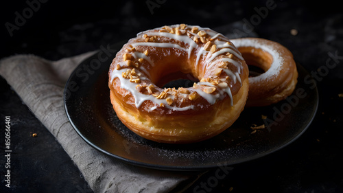 White creamy delicious honey cronuts with sprinkled sugar & glazed toppings, sweet flavour pastry croissant doughnut in black plate photo