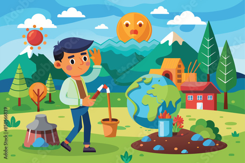 A cartoon illustration depicting a boy planting a small tree in a pot, with a sad-looking Earth globe behind him, Natural resource depletion Customizable Cartoon Illustration