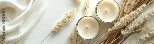 Two scented candles with pampas grass on a white background, in a top view Minimalistic
