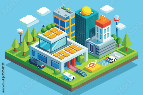 An isometric illustration of a futuristic city with solar panels and electric vehicles, promoting sustainability, Net zero Customizable Isometric Illustration