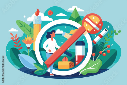 A colorful illustration of a person crossing out a cigarette with a large red pencil, surrounded by nature imagery, No tobacco day Customizable Disproportionate Illustration