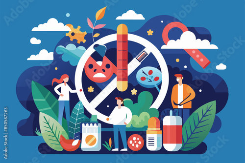 An illustration of a no smoking sign with people and symbols representing the harmful effects of tobacco, No tobacco day Customizable Disproportionate Illustration