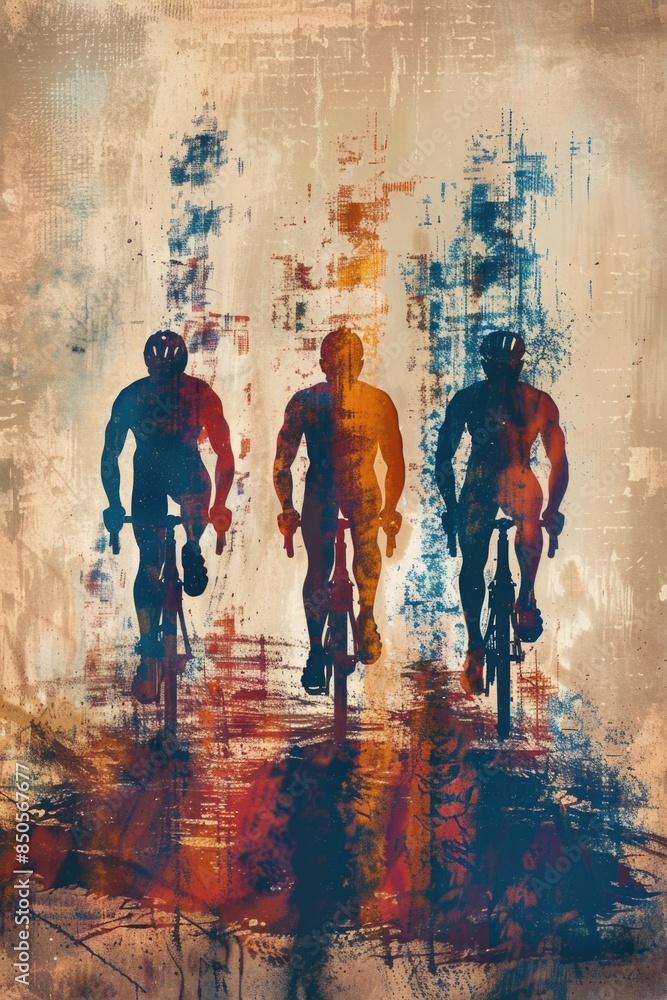 Obraz premium Three individuals on bicycles, urban setting, casual ride