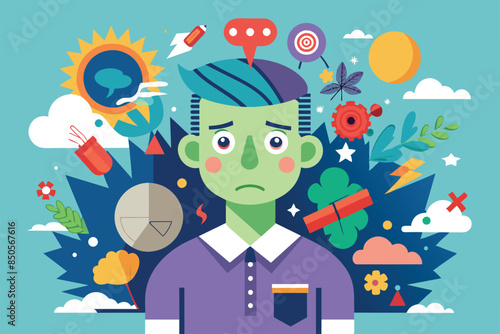 Illustration depicting a man with a cluttered mind and overwhelming thoughts, Obsessive compulsive disorder Customizable Semi Flat Illustration