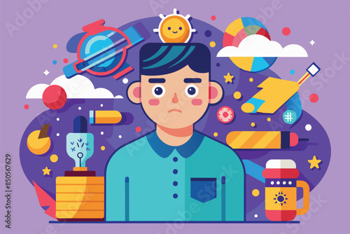 A digital illustration of a young boy with a sad expression surrounded by many colorful objects, Obsessive compulsive disorder Customizable Semi Flat Illustration