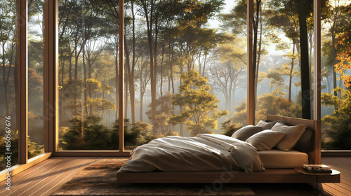 Morning sunrise in the forest, house or home bedroom with bed interior indoor room placed in wilderness nature. Trees seen through window, nobody, outdoors bedding