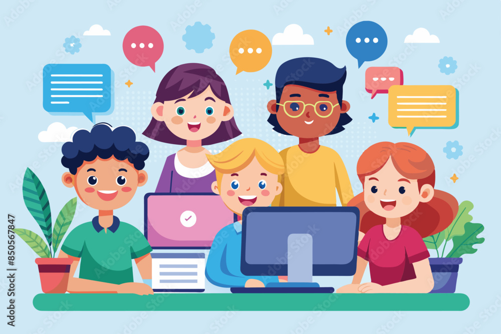 A group of cartoon friends of different ethnicities use computers to connect and chat online, Online friends Customizable Cartoon Illustration A group of cartoon friends of different ethnicities use computers to connect and chat online, Online friends Customizable Cartoon Illustration