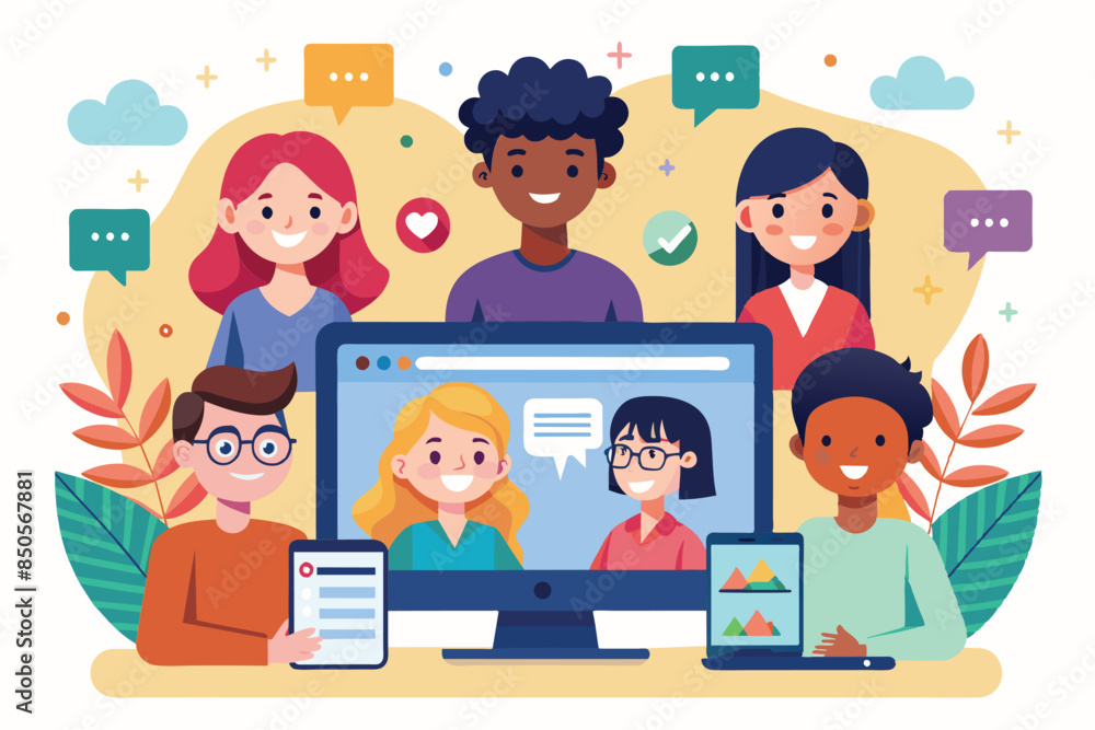 An image of friends video chatting online, showing the modern way of staying connected, Online friends Customizable Flat Illustration An image of friends video chatting online, showing the modern way of staying connected, Online friends Customizable Flat Illustration