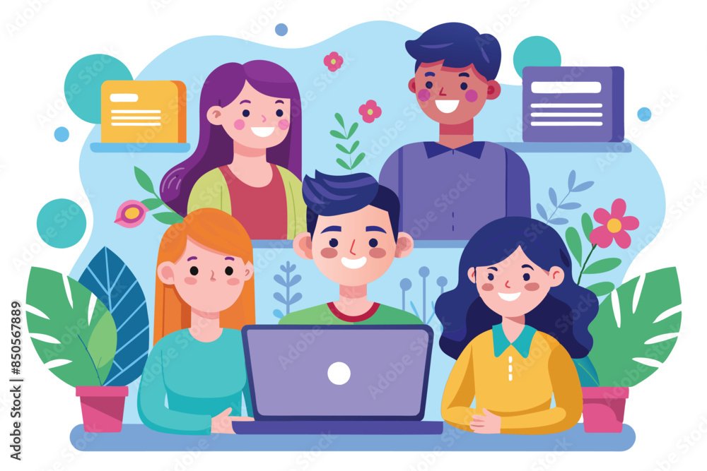 Illustration of five friends smiling and using a laptop together online, Online friends Customizable Flat Illustration Illustration of five friends smiling and using a laptop together online, Online friends Customizable Flat Illustration