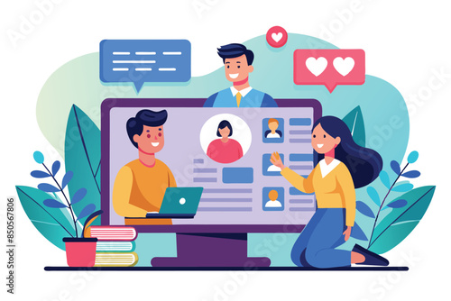 A woman points to a mans profile on a computer screen while using an online dating service, Online dating Customizable Semi Flat Illustration