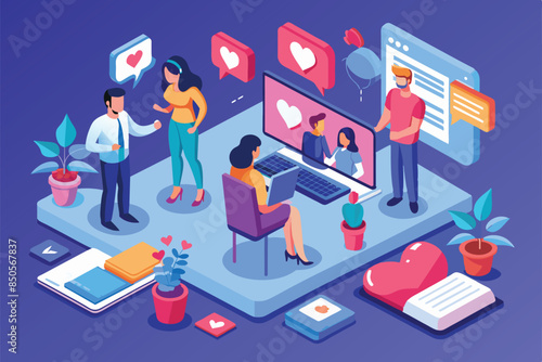 Isometric illustration depicting people using online dating services, with hearts, love icons, and modern technology, Online dating Customizable Isometric Illustration