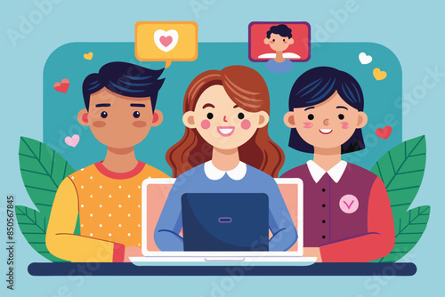 Three friends are smiling and chatting together online through a laptop screen, Online friends Customizable Disproportionate Illustration