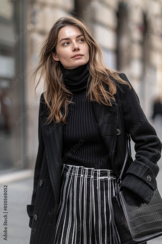A woman wearing a black coat and striped skirt, possibly going to or coming from an event A woman wearing a black coat and striped skirt, possibly going to or coming from an event