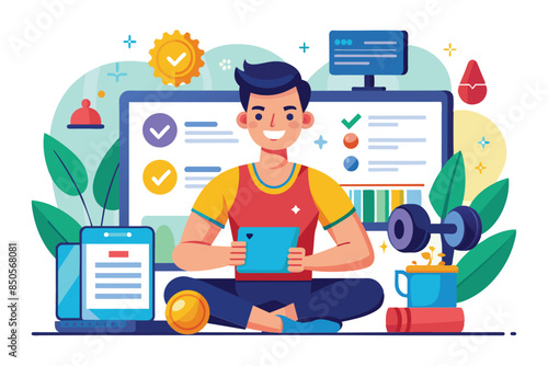 An illustration showing a man sitting in front of a computer screen with a customized fitness plan displayed, Online personal trainer Customizable Flat Illustration