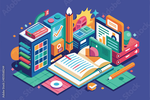 Colorful isometric illustration of learning and education tools, including a book, pencil, and other supplies, Opened Customizable Disproportionate Illustration