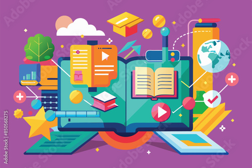 A colorful illustration of an open book with various learning resources like a graduation cap, a globe, and a video player, Opened Customizable Disproportionate Illustration
