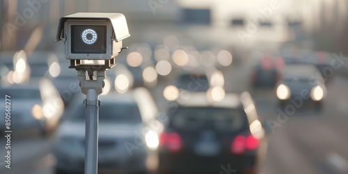 Highway cameras monitor speeding violations and control traffic with speed radars. Concept Traffic Monitoring, Speed Enforcement, Highway Cameras, Traffic Control, Speed Radar photo