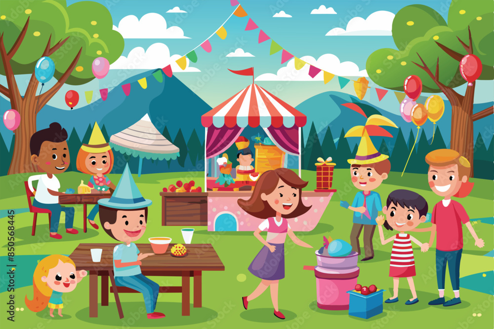 Obraz premium A cartoon illustration depicts children having fun at an outdoor party with a tent, picnic table, and balloons, Outdoor party Customizable Cartoon Illustration
