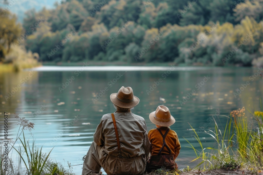 Grandfather and Grandson Fishing by Lake
Grandfather and Grandson Fishing by Lake