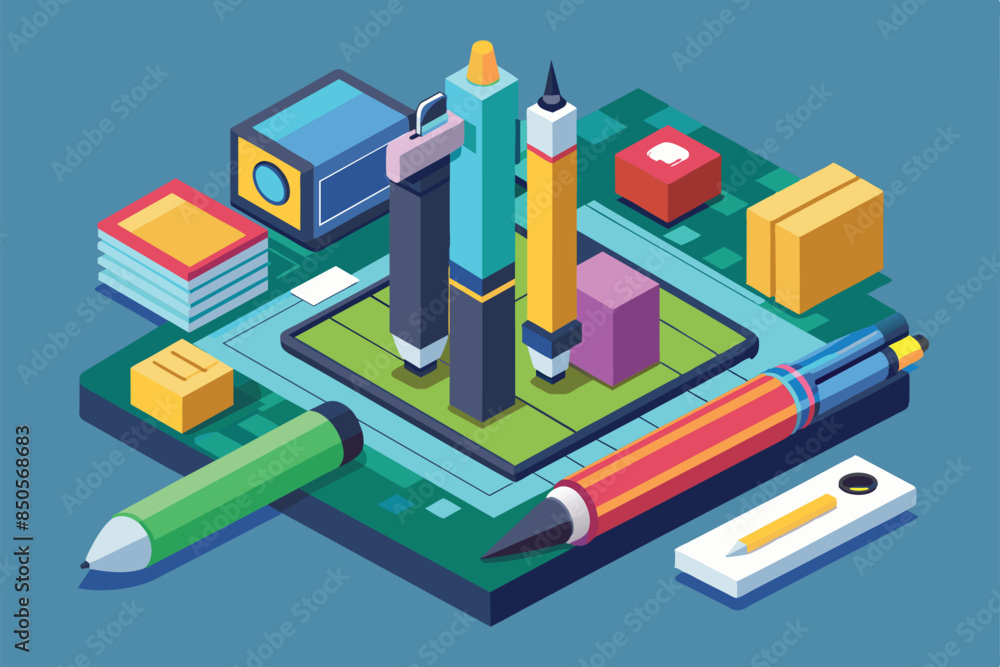 Isometric illustration of pencils, a sharpener, and other stationery on a gridded surface, Pen tool Customizable Isometric Illustration Isometric illustration of pencils, a sharpener, and other stationery on a gridded surface, Pen tool Customizable Isometric Illustration