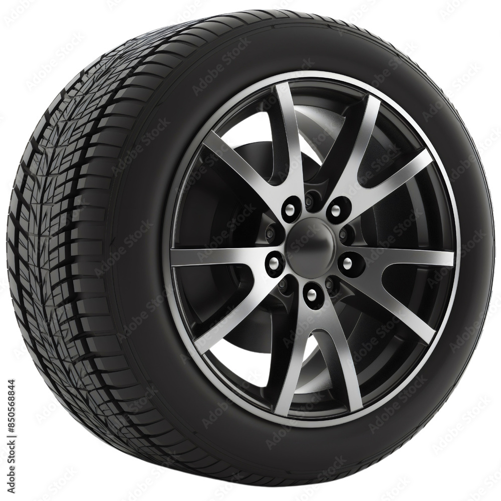Black rubber car wheel tire object isolated on transparent background. Automobile transport part equipment, tyre with silver metal, steel or aluminum rim Black rubber car wheel tire object isolated on transparent background. Automobile transport part equipment, tyre with silver metal, steel or aluminum rim