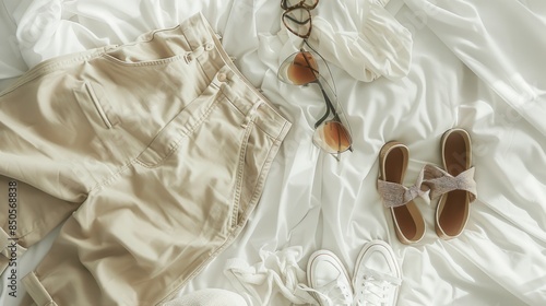 A relaxed setup with casual clothing on a bed