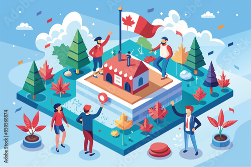An illustration of people celebrating Canada Day in a park, with a flag and a building in the background, People celebrating canada day Customizable Isometric Illustration