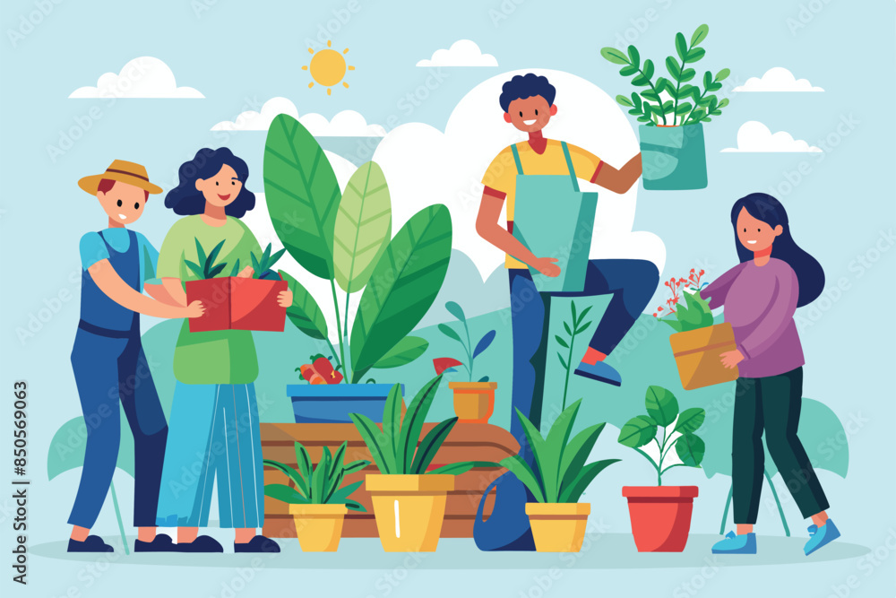 Four cartoon characters happily tending to various potted plants in a bright garden setting, People taking care of plants Customizable Cartoon Illustration Four cartoon characters happily tending to various potted plants in a bright garden setting, People taking care of plants Customizable Cartoon Illustration