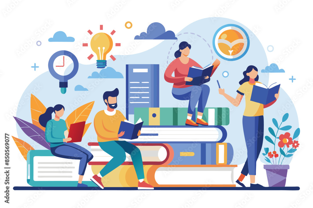 Four people read and study from books in a library setting, people read and search for knowledge in books and on the internet Four people read and study from books in a library setting, people read and search for knowledge in books and on the internet
