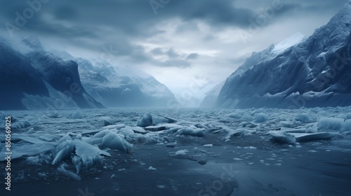 Wallpaper Mural illustration of majestic frozen glacier with blue icy rocks in valley under gloomy sky. Torontodigital.ca