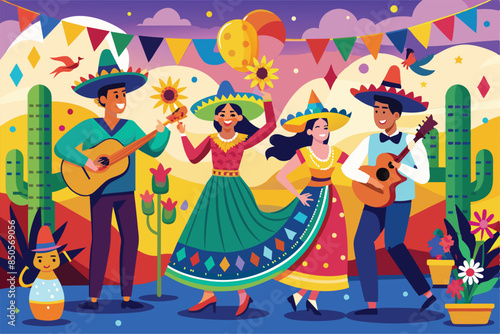 A festive illustration depicting people celebrating Cinco de Mayo with music and dancing, People celebrating cinco de mayo Customizable Semi Flat Illustration
