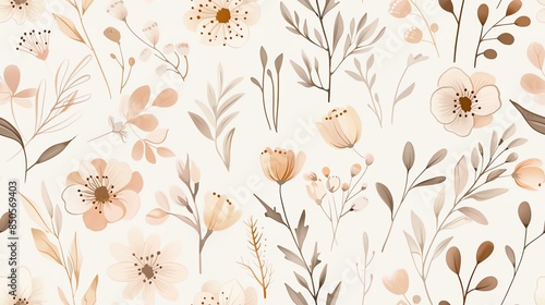 Charming hand-drawn flora in soft pastel light pink, cream, and brown, seamless pattern