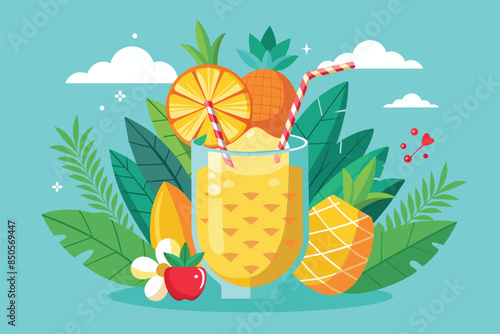 A glass of pina colada with tropical fruits and leaves, perfect for a summer day, Pina colada Customizable Disproportionate Illustration