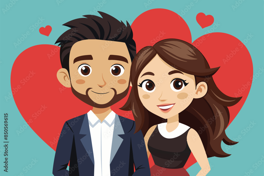 Cartoon illustration of a man and woman standing next to each other, surrounded by hearts, Platonic love Customizable Cartoon Illustration