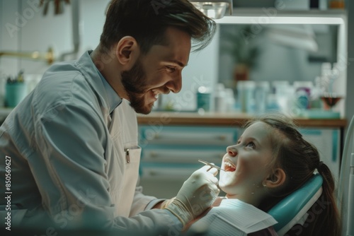 A dentist examines a girl s teeth in a dental office