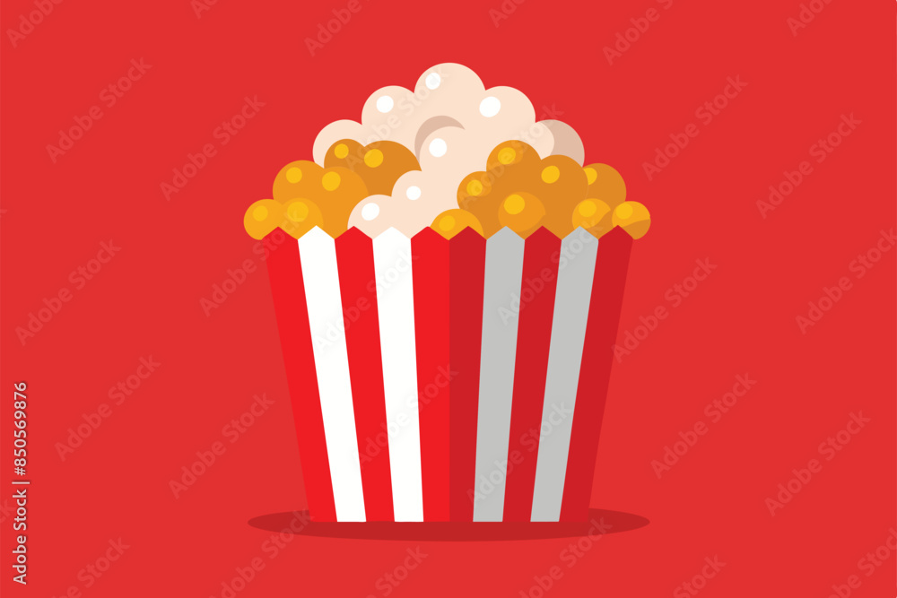 A red and white striped popcorn bucket with yellow and white kernels, illustrated in a semi-flat style, Popcorns Customizable Semi Flat Illustration A red and white striped popcorn bucket with yellow and white kernels, illustrated in a semi-flat style, Popcorns Customizable Semi Flat Illustration